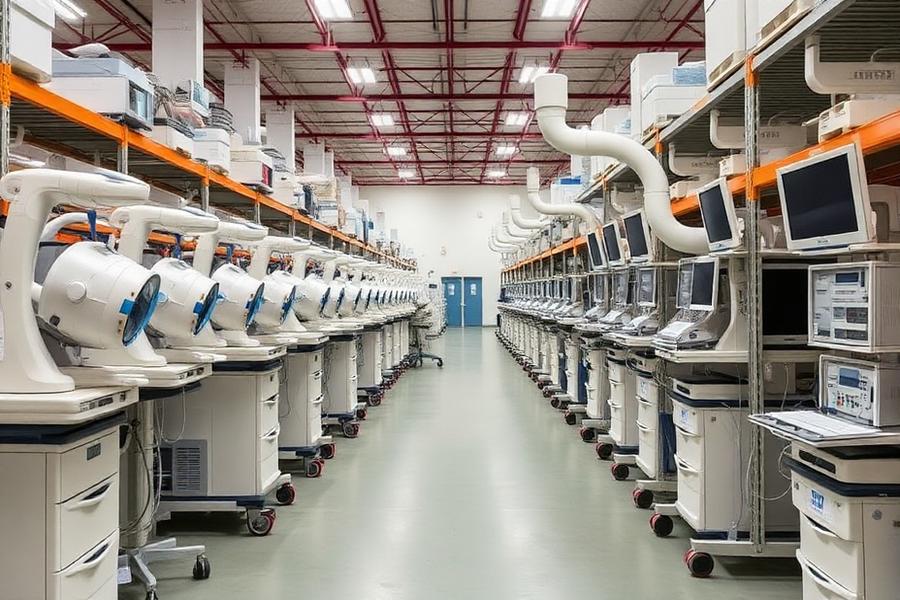 Medical equipment warehouse with organized inventory